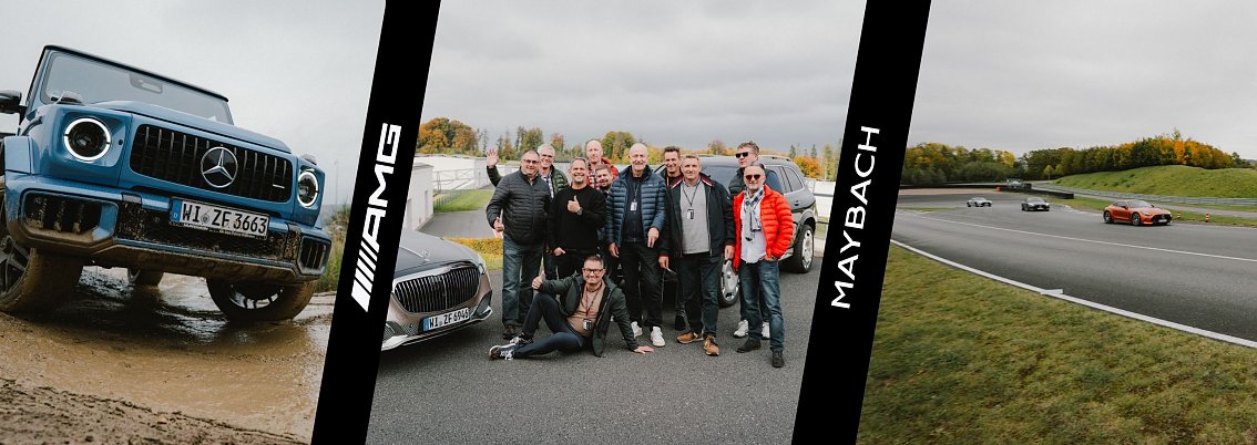 Ein zusammengesetztes Bild zeigt drei Szenen der Mercedes-Benz Driving Experience am Bilster Berg: links ein blauer Mercedes-Benz G-Klasse im Gelände mit matschigen Reifen, in der Mitte eine Gruppe von Teilnehmern, die vor zwei Fahrzeugen lächelt, und rechts mehrere Sportwagen auf der Rennstrecke. Zwischen den Bildern sind schwarze Streifen mit den Schriftzügen 'AMG' und 'Maybach' zu sehen (Foto: © 2025 HANSE VISUALS) Ein zusammengesetztes Bild zeigt drei Szenen der Mercedes-Benz Driving Experience am Bilster Berg: links ein blauer Mercedes-Benz G-Klasse im Gelände mit matschigen Reifen, in der Mitte eine Gruppe von Teilnehmern, die vor zwei Fahrzeugen lächelt, und rechts mehrere Sportwagen auf der Rennstrecke. Zwischen den Bildern sind schwarze Streifen mit den Schriftzügen 'AMG' und 'Maybach' zu sehen (Foto: © 2025 HANSE VISUALS)