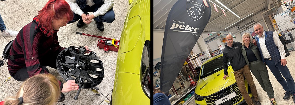 Grafik zur Ladies Night (gelber Peugeot, Peter Beachflag, Frau beim R&auml;derwechsel)