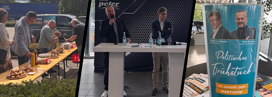 Collage vom politischen Fr&uuml;hst&uuml;ck im Autohaus Peter