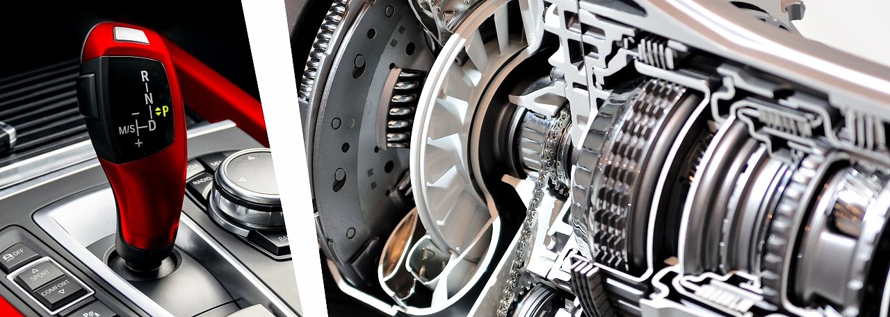 Links ein roter Automatikschalthebel in einem modernen Auto-Innenraum, rechts ein Querschnitt eines Automatikgetriebes mit sichtbaren Zahnrädern und Bauteilen.