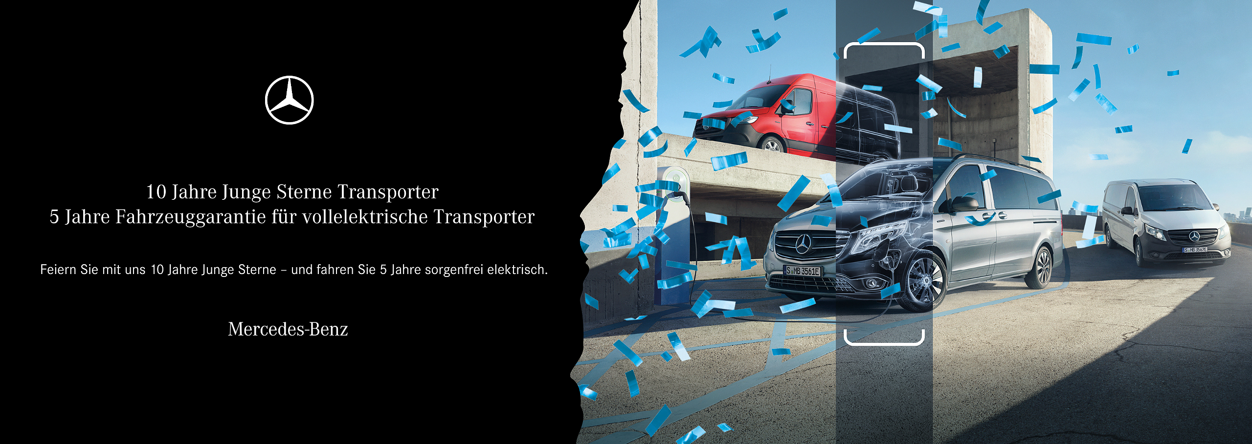 10 Jahre Junge Sterne Transporter 5 Jahre Fahrzeuggarantie für vollelektrische Transporter. Feiern Sie mit uns 10 Jahre Junge Sterne  und fahren Sie 5 Jahre sorgenfrei elektrisch. Bild von vollelektrsichen Transportern. 