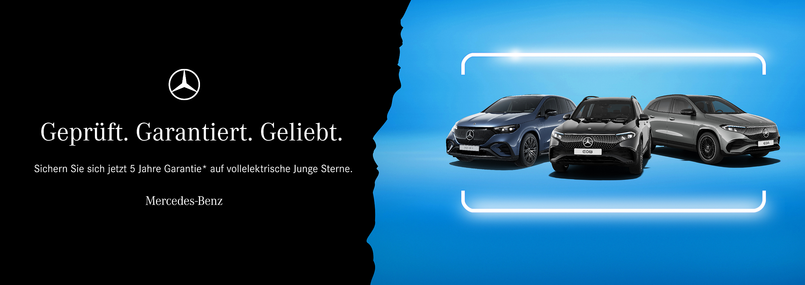 Geprüft. Garantiert. Geliebt. Sichern Sie sich jetzt 5 Jahre Garantie* auf vollelektrische Junge Sterne. 3 vollelektrische Modelle von Mercedes-Benz vor neutralem blauen Hintergrund. 