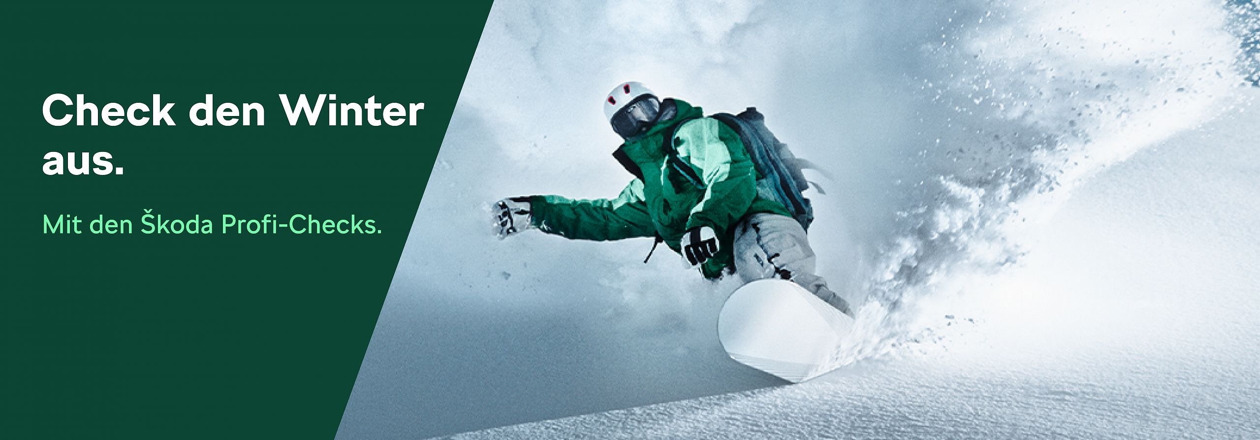 Grafik zu den Skoda Winterangeboten (links Text, rechts ein Snowboarder im Schnee)