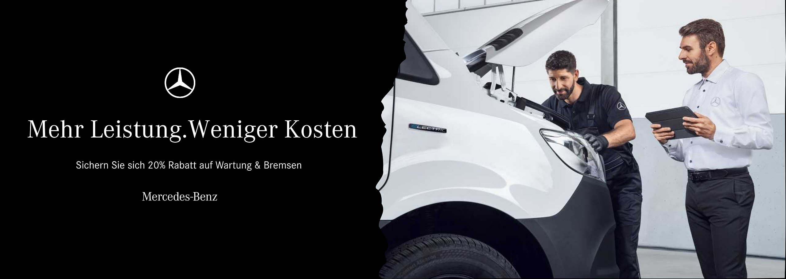 Mehr Leistung. Weniger Kosten. Bild vom Transporter-Service mit einem KFZ-Mechatroniker und einem Serviceberater am Fahrzeug.