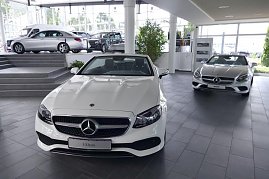 Heller, moderner Mercedes-Benz-Showroom mit großen Glasfronten. Im Vordergrund ein weißes E-Klasse Cabriolet, dahinter ein silbernes Cabriolet. Auf einer erhöhten Fläche stehen weitere Mercedes-Fahrzeuge. Viel Tageslicht, freundliche und offene Atmosphäre. (Foto: Fischer/Autohaus Peter)
