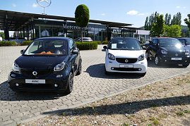 „Reihe von Smart-Autos (schwarz und weiß) auf dem Parkplatz vor einem Mercedes-Benz Autohaus mit Peter-Logo in Northeim, im Hintergrund moderner Glasbau, gepflegte Büsche und Bäume unter blauem Himmel. (Foto: Fischer/Autohaus Peter)