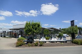 Autohaus mit großer Glasfassade und den Logos von Smart und Peter. Auf dem Vorplatz sind mehrere geparkte Smart-Autos zu sehen. Rechts steht ein hoher schwarzer Mast mit dem Mercedes-Benz-Stern. Vor dem Gebäude befinden sich Bäume und Büsche. Der Himmel ist blau mit vereinzelten Wolken. (Foto: Fischer/Autohaus Peter)
