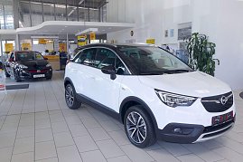 Im Innenraum eines Autohauses stehen zwei Opel-Fahrzeuge. Im Vordergrund ein weißer Opel Crossland mit schwarzen Akzenten, im Hintergrund ein schwarzer Opel Adam mit rotem Dach. Der helle Ausstellungsraum ist modern gestaltet, mit großen Fenstern und einem Verkaufsbereich im Hintergrund. Der Boden ist hell gefliest.  (Foto: Fischer/Autohaus Peter)
