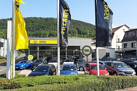 Außenansicht des Opel-Autohauses in Sondershausen. Vor dem modernen Glasgebäude wehen gelbe und schwarze Opel-Flaggen. Auf dem Parkplatz davor stehen zahlreiche Neu- und Gebrauchtwagen in verschiedenen Farben. Im Hintergrund ist ein grüner, bewaldeter Hügel zu sehen, der einen malerischen Kontrast zum Autohaus bildet. (Foto: Fischer/Autohaus Peter)