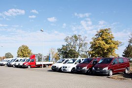 Reihe von Mercedes-Transportern und Vans, darunter ein roter Pritschenwagen, auf dem Autohaus-Parkplatz an einem sonnigen Tag mit blauem Himmel und Bäumen im Hintergrund. (Foto: Fischer/Autohaus Peter)