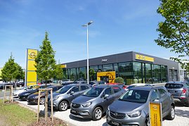 Das Bild zeigt ein modernes Opel-Autohaus der Peter Gruppe in Nordhausen. Vor dem großen, verglasten Gebäude mit grauer Fassade und gelbem Opel-Logo stehen zahlreiche Neuwagen und Gebrauchtwagen, darunter mehrere Opel-Modelle. Im Vordergrund befinden sich junge Bäume und ein großes gelbes Opel-Schild. Der Himmel ist blau, das Wetter sonnig. (Foto: Fischer/Autohaus Peter)