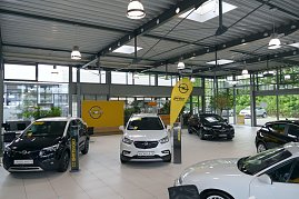 Innenansicht eines modernen Opel-Autohauses mit mehreren ausgestellten Fahrzeugen, darunter Crossland X und Mokka X, viel Tageslicht durch große Fensterflächen, sowie gelbe Opel- und Peter-Markenschilder.“ (Foto: Fischer/Autohaus Peter)
