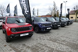Reihe von Jeep-Fahrzeugen (Renegade-Modelle) auf dem Außengelände des Autohauses; im Vordergrund ein roter Jeep, daneben ein blauer, mehrere graue und schwarze Fahrzeuge, mit Jeep-Fahnen im Hintergrund. (Foto: Fischer/Autohaus Peter)