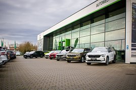 Reihe von neuen koda-Fahrzeugen vor der Glasfassade des Autohauses. Verschiedene Modelle sind aufgereiht. (Foto: Autohaus Peter)