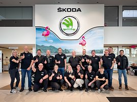 Gruppenfoto von 17 Mitarbeitenden im koda Autohaus. Alle tragen schwarze Shirts mit Firmenlogo und zeigen den Daumen nach oben. Im Hintergrund das große koda-Logo mit Flamingo-Dekoration. (Foto: Autohaus Peter)