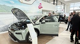 Ein helles koda-Fahrzeug mit geöffneter Motorhaube und Fahrertür steht im Showroom. Besucher betrachten das Auto, im Hintergrund Flamingo-Dekoration. (Foto: dd)