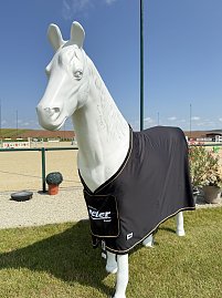 Weiße Pferdeskulptur auf dem Turnierplatz in Immenrode, bekleidet mit einer schwarzen Abschwitzdecke mit Autohaus-Peter-Logo. Im Hintergrund sind Sandplatz, Springhindernisse und blauer Himmel sichtbar. (Foto: Depping/Autohaus Peter)