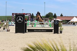 Eine Reiterin springt mit einem braunen Pferd über ein Mercedes-Benz-Hindernis auf dem Sandplatz beim Reitturnier in Immenrode. Im Hintergrund sind weitere Hindernisse, grüne Landschaft und weiße Zelte zu sehen. (Foto: Autohaus Peter)