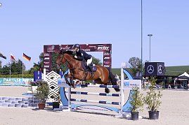 Ein Reiter springt mit einem braunen Pferd über ein blau-weißes Hindernis auf dem Sandplatz beim Reitturnier in Immenrode. Hinter dem Sprung sind der Begrüßungsbogen, Sponsorenbanner und wehende Länderflaggen zu sehen. (Foto: Autohaus Peter)