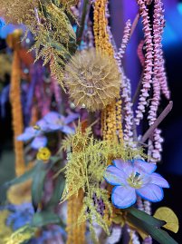 Detailaufnahme floraler Dekoration mit Blüten und getrockneten Elementen.
