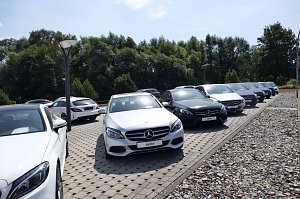 Reihe von Mercedes-Benz Fahrzeugen, die auf einem gepflasterten Au&szlig;enbereich ausgestellt sind. Die Autos stehen in zwei Reihen, &uuml;berwiegend in Silber- und Graut&ouml;nen. Im Hintergrund dichte gr&uuml;ne B&auml;ume und ein klarer Himmel.