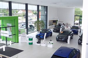 Heller Škoda-Showroom mit großen Fensterfronten, mehreren ausgestellten Fahrzeugen, einem markanten grünen Eingangselement und Zubehör auf weißen Podesten.