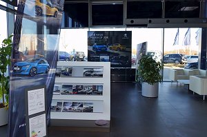 Heller Ausstellungsbereich eines Autohauses mit Peugeot-Werbepostern, Prospektwand mit Flyern, Pflanze in gro&szlig;em Topf und Wartebereich mit wei&szlig;en Sesseln, gro&szlig;e Fenster mit Blick auf den Parkplatz.