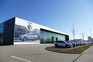 Škoda-Autohaus mit großer Glasfassade und grünem Eingang, daneben viele geparkte Autos in einer Reihe, vorne ein großes Werbeplakat mit einem Škoda-SUV, blauer Himmel.