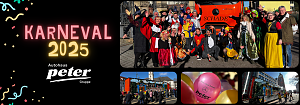 Collage zum Karneval 2025 mit buntem Schriftzug �Karneval 2025 Autohaus Peter Gruppe�, Gruppenfoto von verkleideten Teilnehmern vor einem orangefarbenen LKW, Bildern von Umzugswagen, bunten Luftballons und feiernden Menschen.