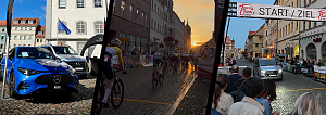 Zu sehen sind einige Eindrücke vom Radrennen in Wittenberg  darunter ein Bild vom Autohaus-Peter-Stand, eine Aufnahme des Rennens in den Sonnenuntergang sowie ein Foto des Führungsfahrzeugs an der Start- und Ziellinie.