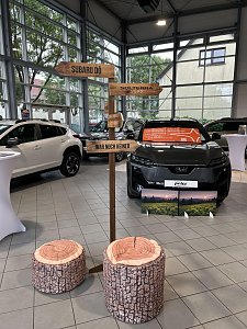 Autohaus von innen mit Holzwegweiser und Sitzsäcken in Holzstumpf-Optik.