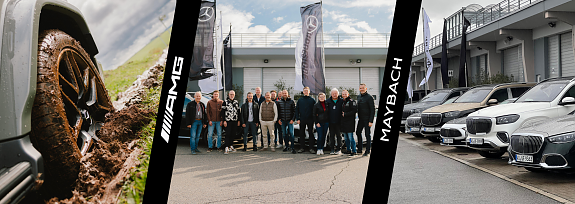 Highlight Banner vom Luxury Driving Event am Sachsenring. Links im Bild eine Mercedes-AMG Felge im Schlamm, mittig ein Gruppenfoto der Teilnehmer und rechts die Maybachmodelle aufgereiht. [Mercedes-Maybach GLS 600 | Energieverbrauch kombiniert: 14-13,7 l/100 km | CO2;-Emissionen kombiniert: 316-310 g/km | CO2;-Klasse: G] [Mercedes-Maybach SL 680 Monogram Series | Energieverbrauch kombiniert: 13,6 l/100 km | CO2;-Emissionen kombiniert: 309 g/km | CO2;-Klasse: G]